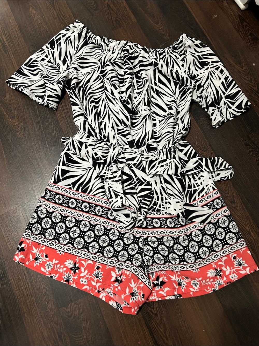 Black & White Leaf Print Romper with Coral Border